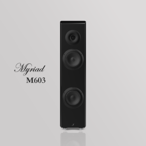 Front view of Jamie Audio M603. 3-way hi-fi speaker with neodymium drivers and sailboat-inspired curved cabinet
