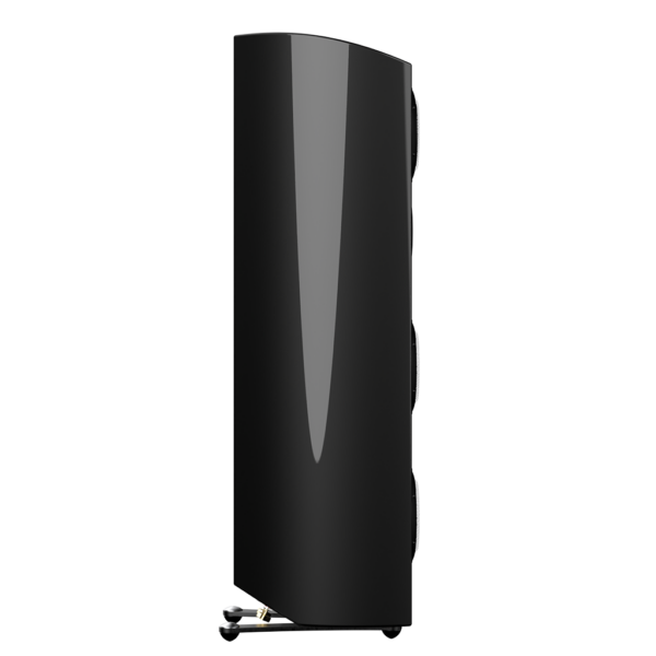 Side view of 3-way speaker with flowing sailboat-style cabinet and neodymium-loaded drivers