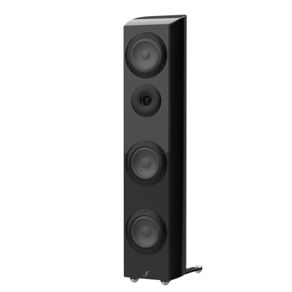 45-degree view of 3-way hi-fi speaker with neodymium drivers and sailboat-inspired curved design