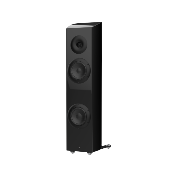 45-degree view of Jamie Audio M603, 3-way hi-fi loudspeaker with curved cabinet and neodymium magnet drivers