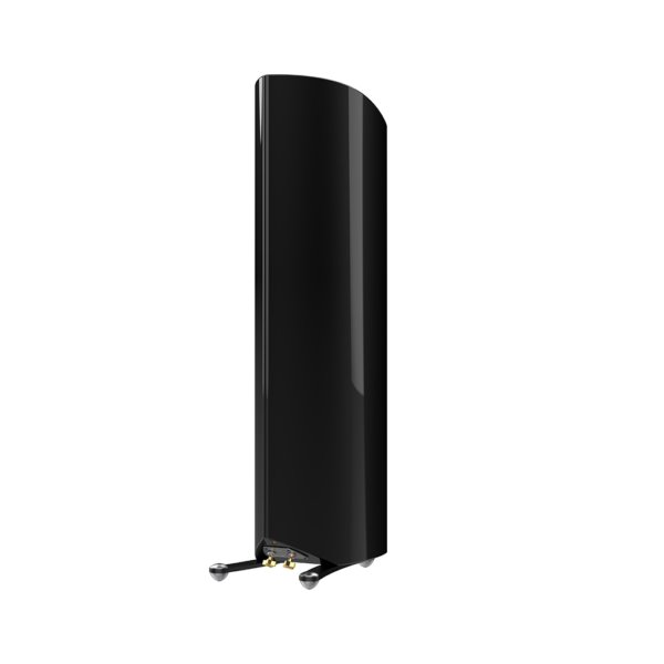 Rear view of Jamie Audio M603, 3-way hi-fi speaker with one wiring terminal and curved sailboat-style enclosure