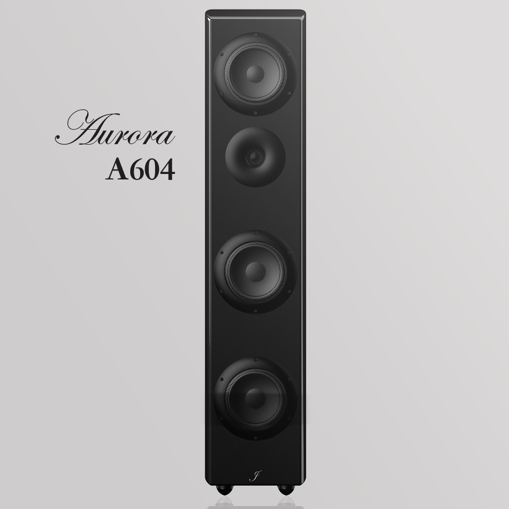 Front view of 3-way hi-fi speaker with neodymium drivers and sailboat-inspired curved design
